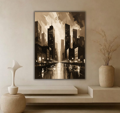 Vintage Sepia Cityscape Canvas Print - Metropolitan Skyline & Wet Street Reflection Wall Art