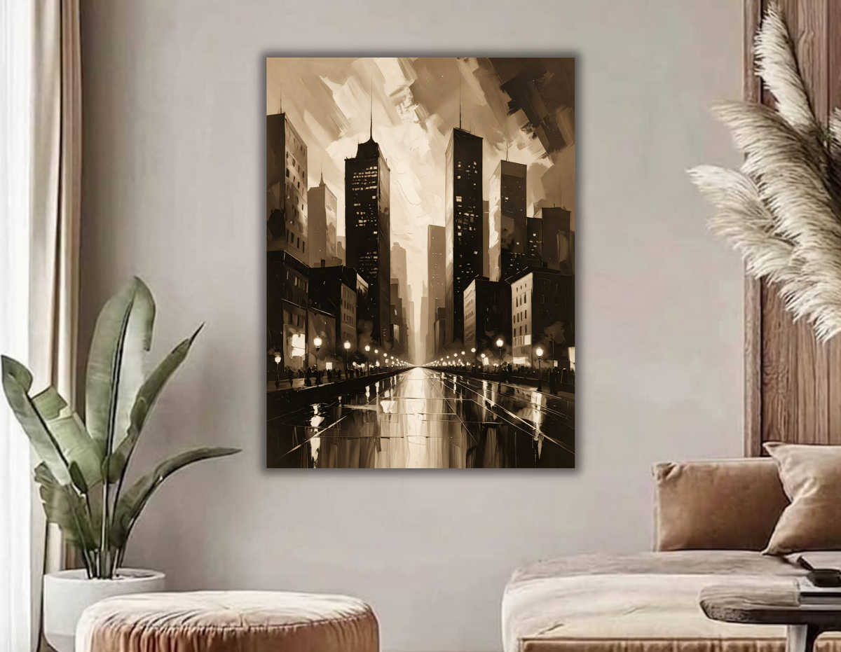 Vintage Sepia Cityscape Canvas Print - Metropolitan Skyline & Wet Street Reflection Wall Art