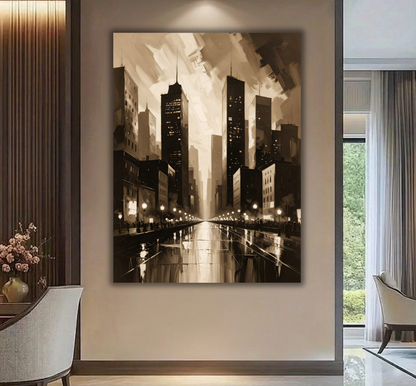 Vintage Sepia Cityscape Canvas Print - Metropolitan Skyline & Wet Street Reflection Wall Art