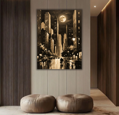Vintage Sepia Full Moon Cityscape Canvas Print - Noir Night Skyline Wall Art