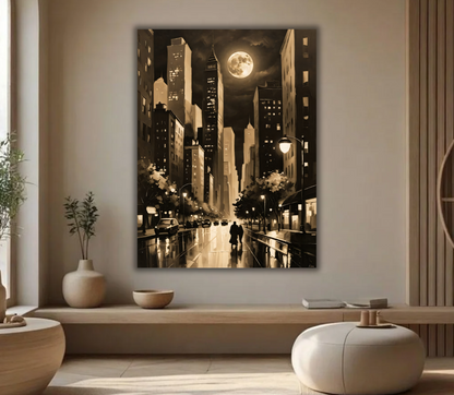 Vintage Sepia Full Moon Cityscape Canvas Print - Noir Night Skyline Wall Art
