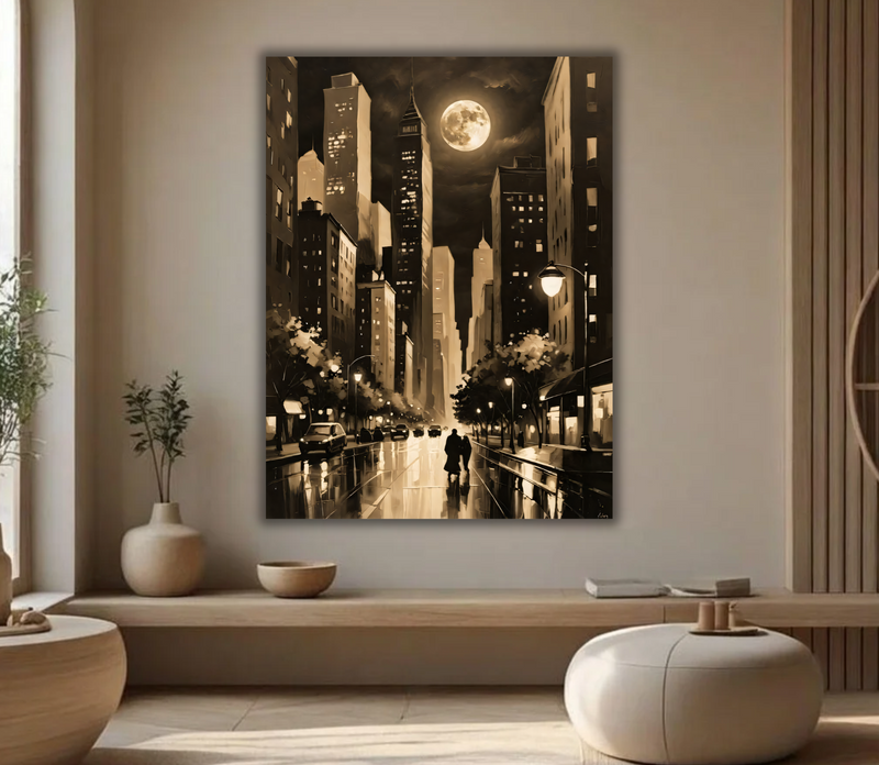 Vintage Sepia Full Moon Cityscape Canvas Print - Noir Night Skyline Wall Art