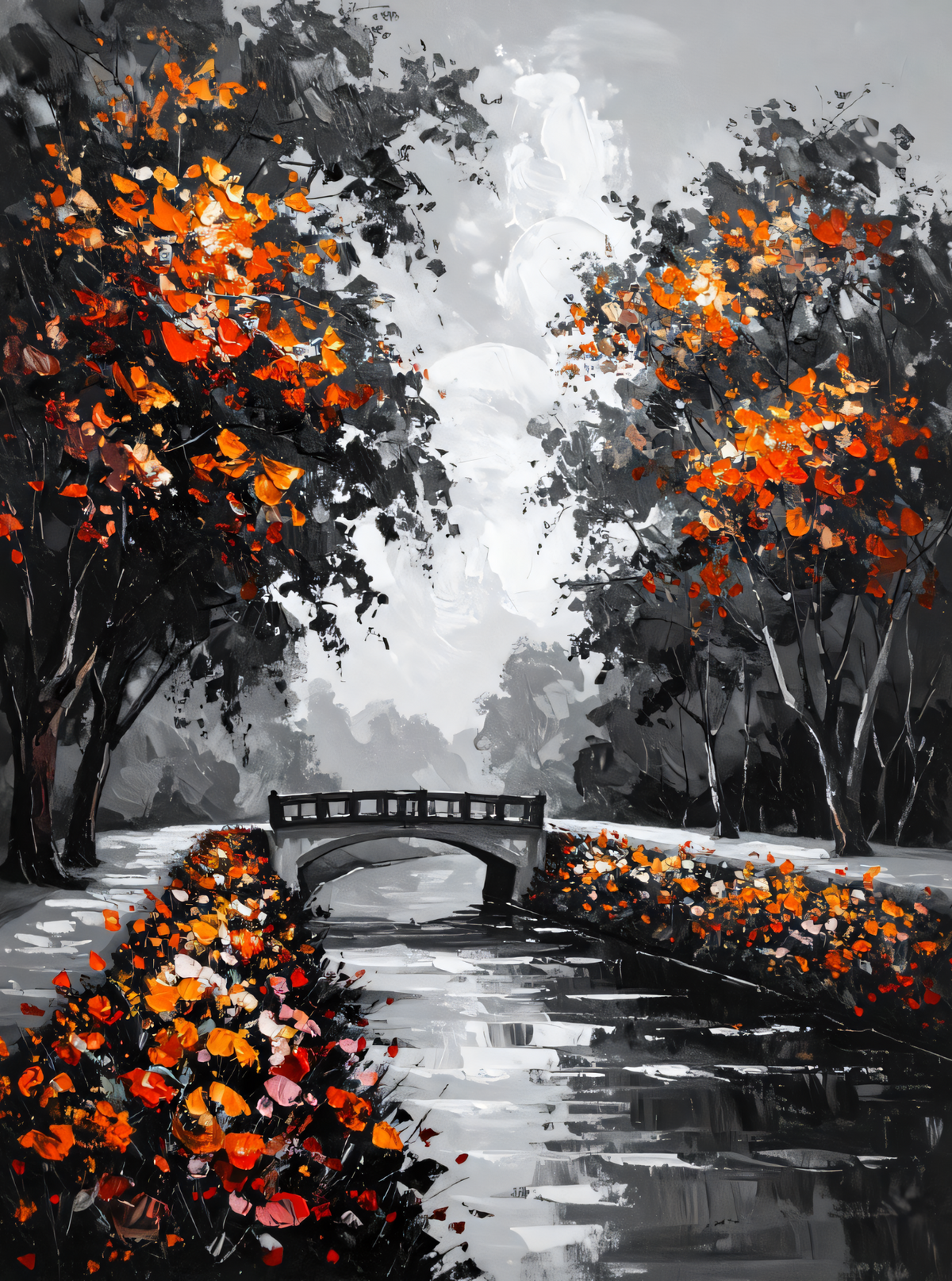 Black and White Autumn Park Bridge Canvas Print - Fiery Orange Leaves Landscape Painting