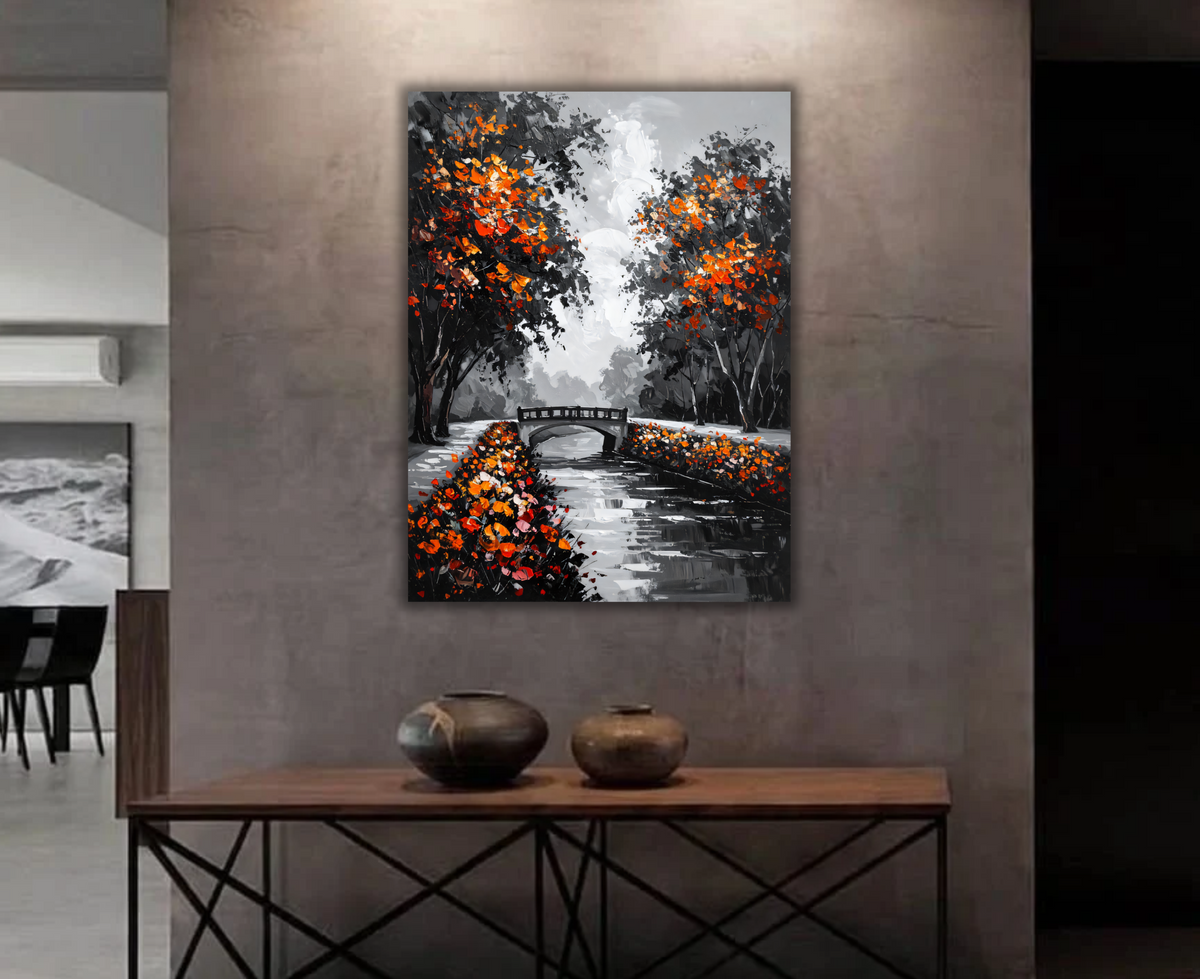 Black and White Autumn Park Bridge Canvas Print - Fiery Orange Leaves Landscape Painting