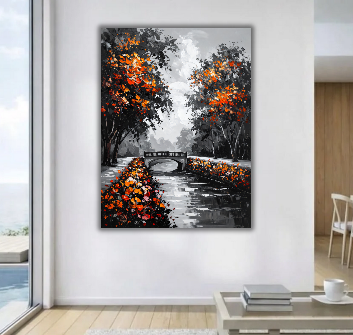 Black and White Autumn Park Bridge Canvas Print - Fiery Orange Leaves Landscape Painting