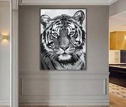 Majestic Black and White Tiger Portrait Canvas Print - Monochromatic Wildlife Wall Art
