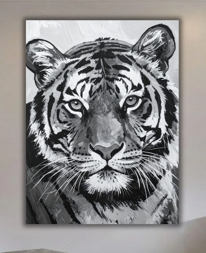 Majestic Black and White Tiger Portrait Canvas Print - Monochromatic Wildlife Wall Art
