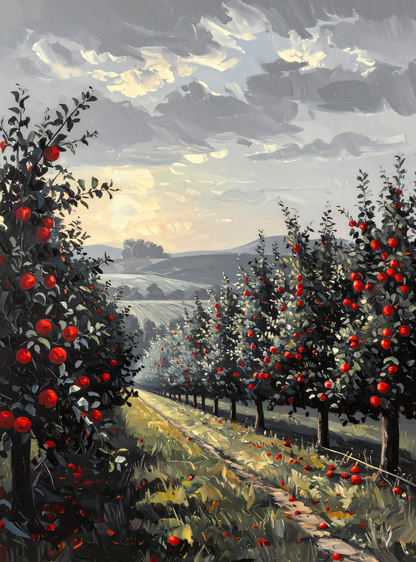 Sunlit Apple Orchard Canvas Print - Crimson Red Apples Country Landscape Painting