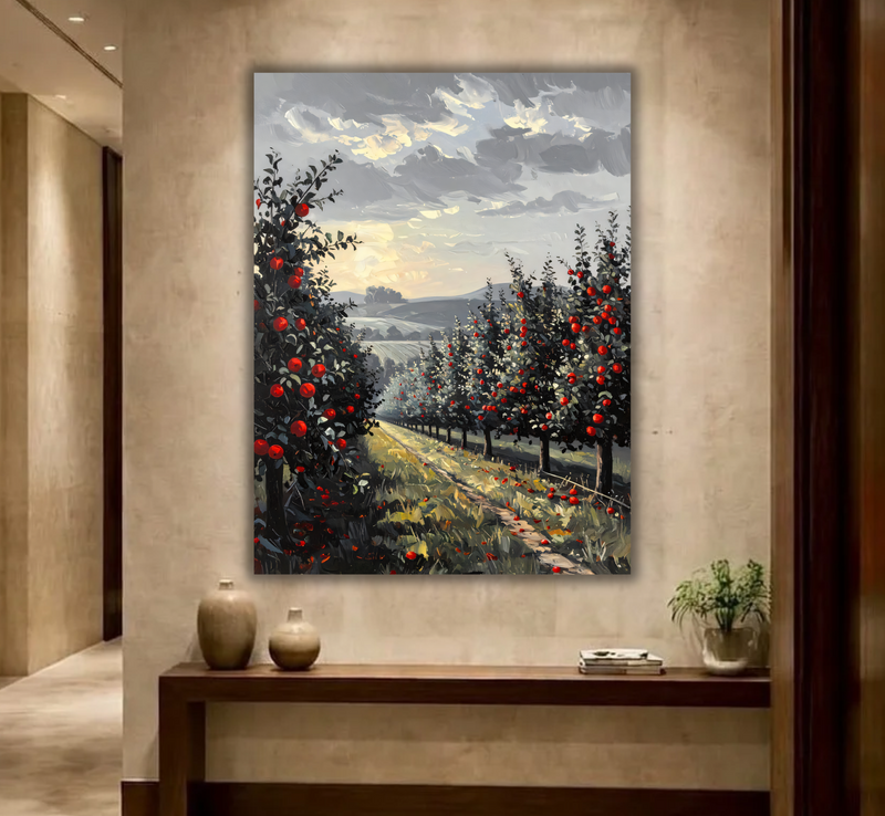 Sunlit Apple Orchard Canvas Print - Crimson Red Apples Country Landscape Painting