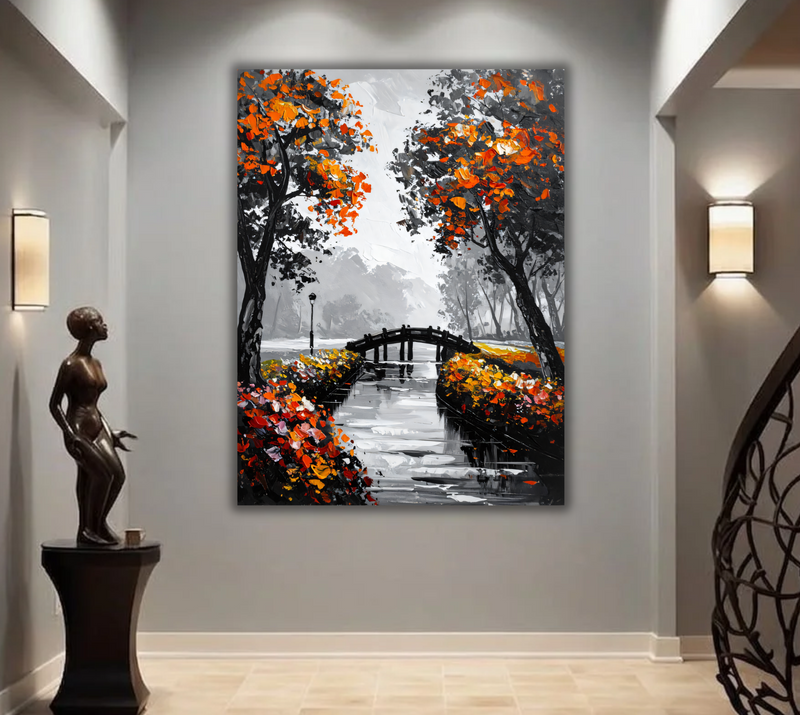 Black and White Autumn Park Bridge Canvas Print - Vibrant Orange Foliage & Canal Wall Art