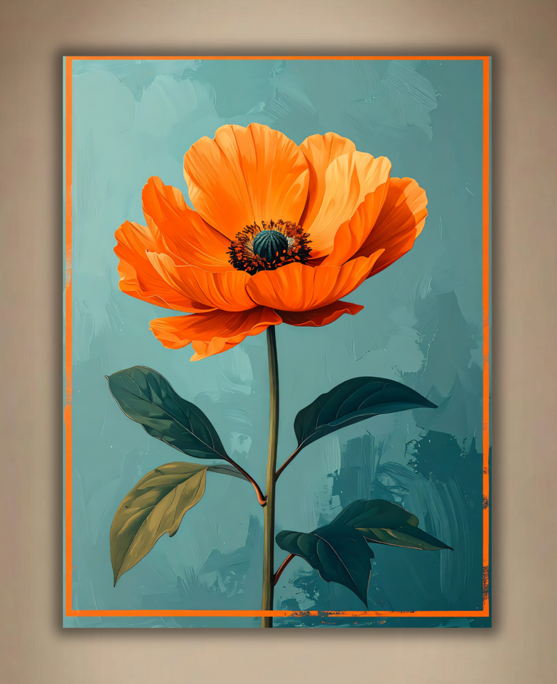 Vibrant Orange Poppy Botanical Canvas Print - Teal Blue Textured Background Wall Art