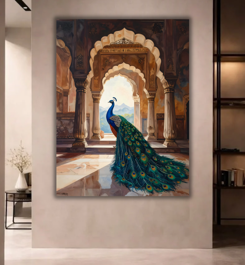 Regal Peacock in Royal Archway Canvas Print - Indian Palace Courtyard Wall Art