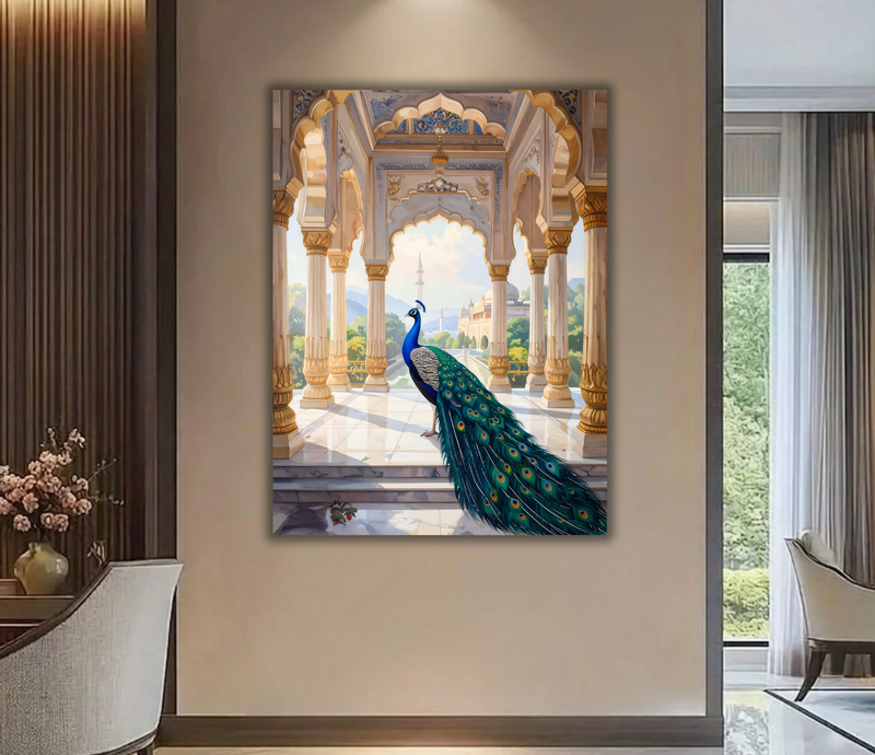 Royal Peacock in Marble Palace Pavilion Canvas Print - Indian Haveli Corridor Wall Art