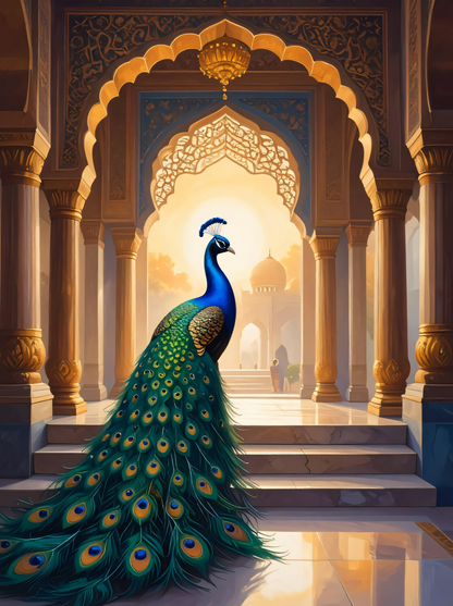Golden Sunset Peacock in Royal Palace Canvas Print - Indian Archway Wall Art