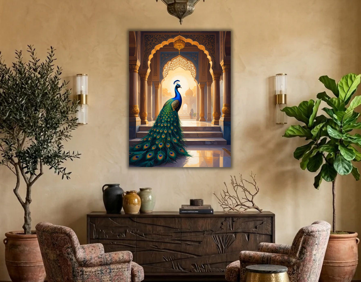 Golden Sunset Peacock in Royal Palace Canvas Print - Indian Archway Wall Art