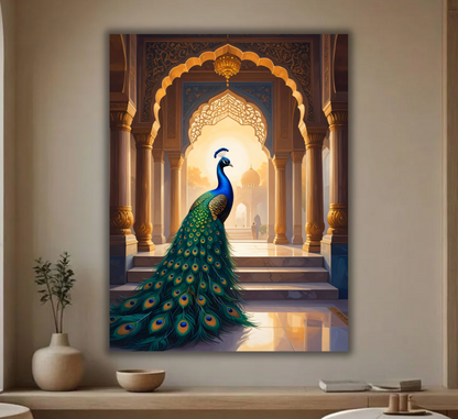 Golden Sunset Peacock in Royal Palace Canvas Print - Indian Archway Wall Art