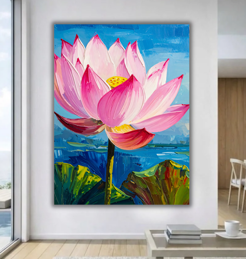 Vibrant Pink Lotus Blossom Canvas Print - Sky Blue Impasto Floral Wall Art