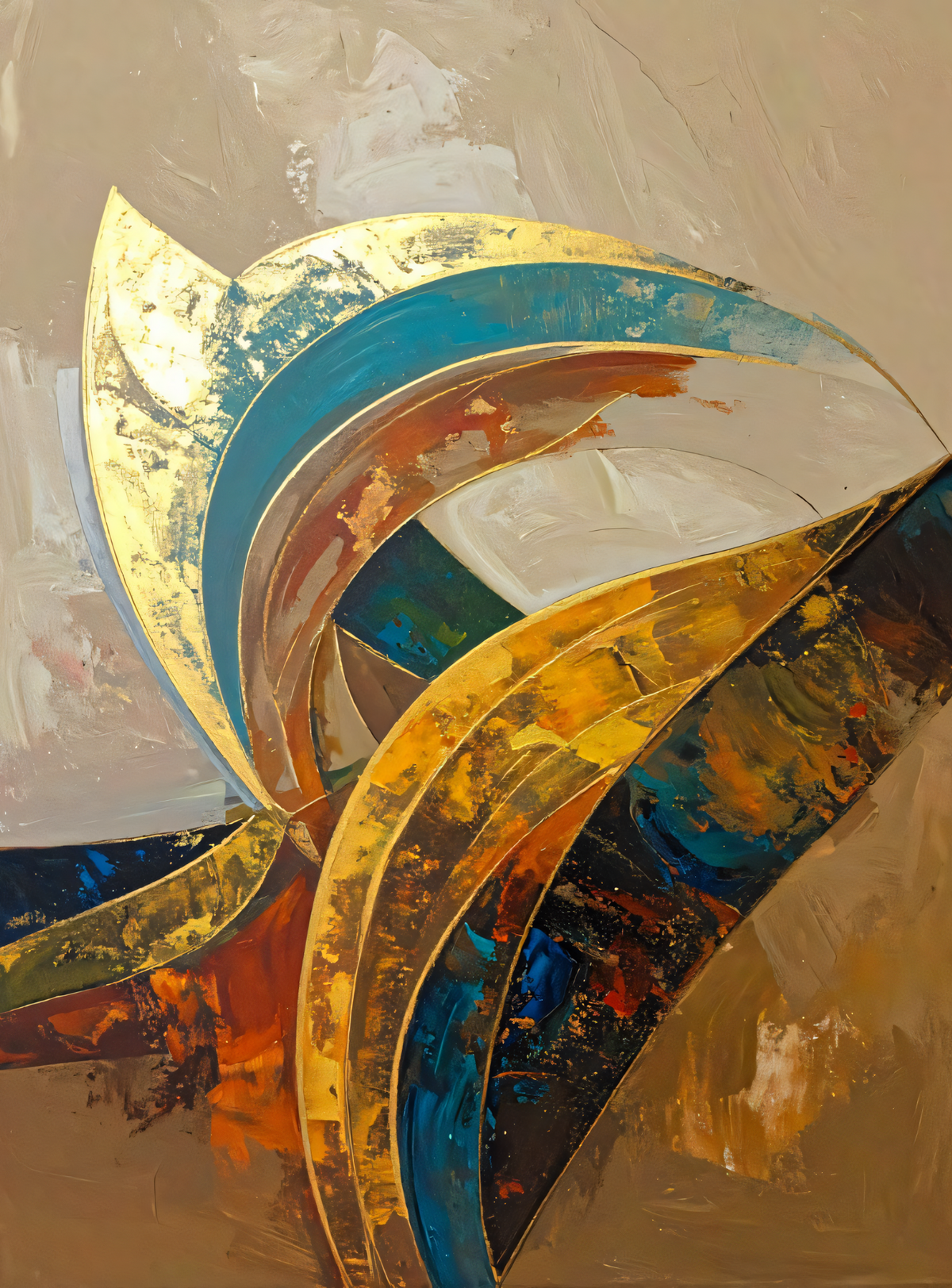 Abstract Golden Curves Canvas Print - Modern Teal and Terracotta Wall Art