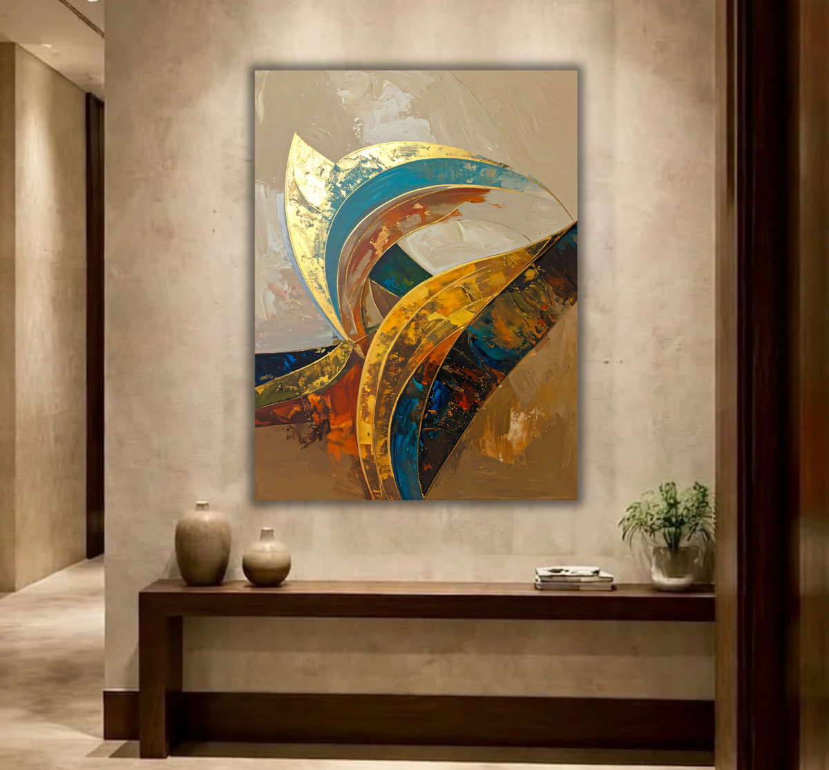 Abstract Golden Curves Canvas Print - Modern Teal and Terracotta Wall Art