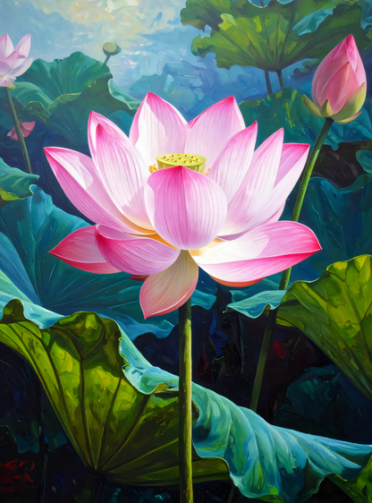 Sunlit Pink Lotus Pond Canvas Print - Serene Botanical Water Lily Wall Art