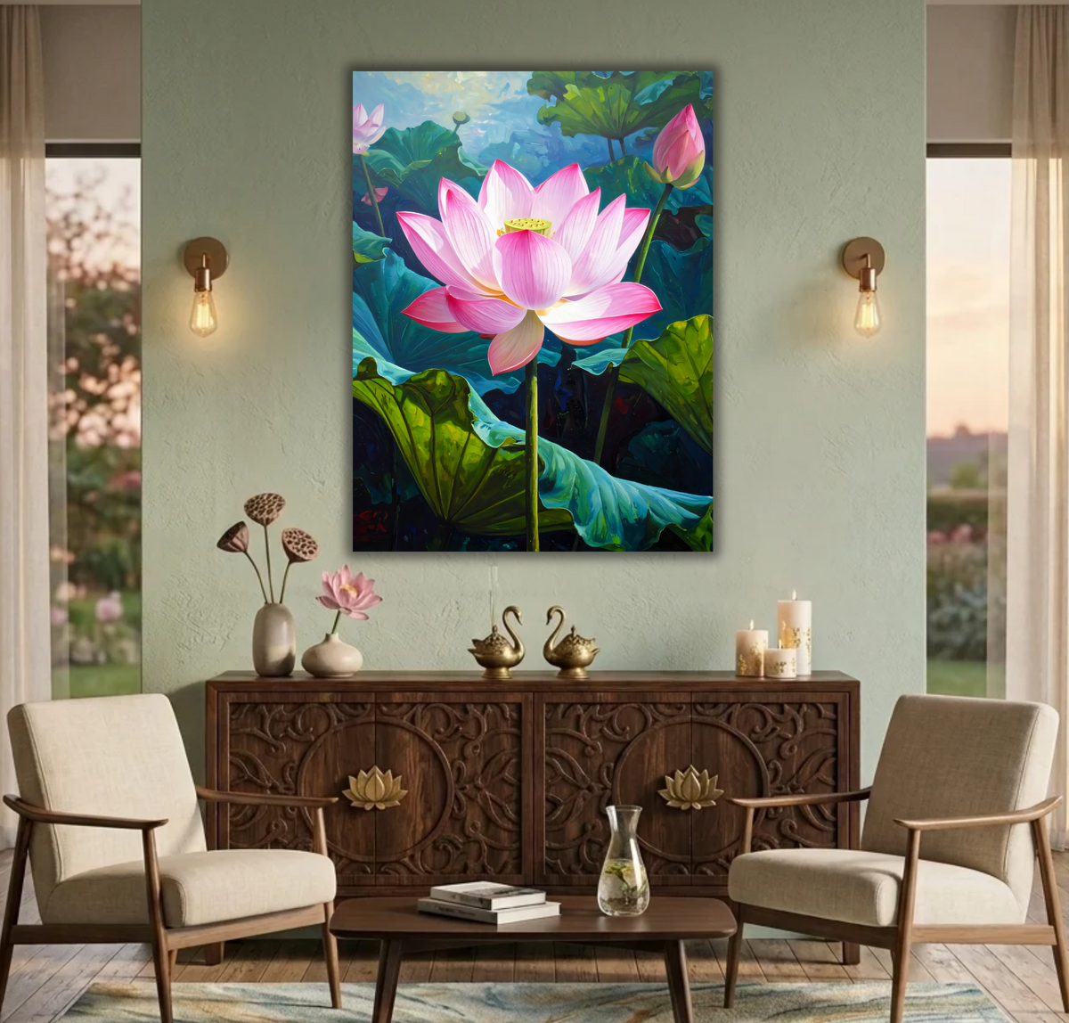 Sunlit Pink Lotus Pond Canvas Print - Serene Botanical Water Lily Wall Art