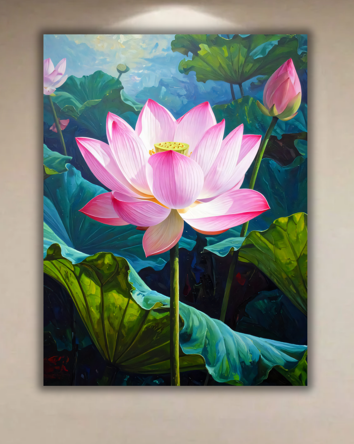 Sunlit Pink Lotus Pond Canvas Print - Serene Botanical Water Lily Wall Art