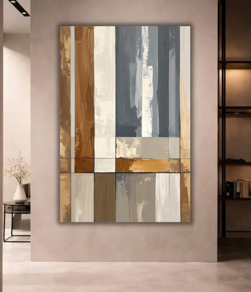 Modern Abstract Geometric Striped Canvas Print - Neutral Brown and Grey Wall Art
