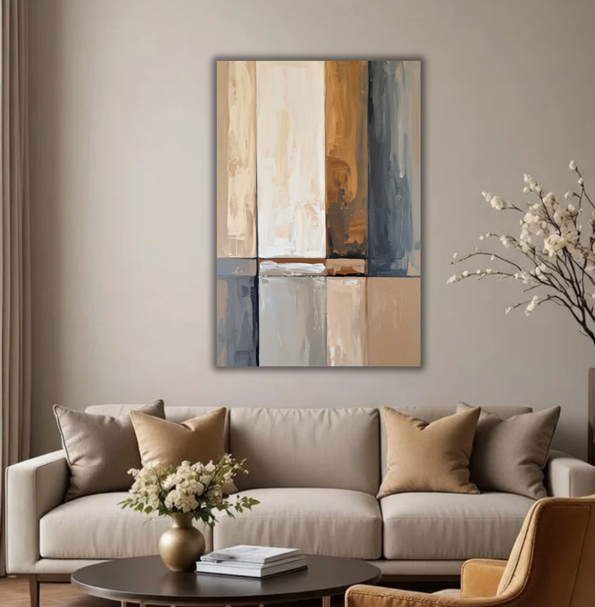 Modern Abstract Vertical Block Canvas Print - Neutral Earth Tone Wall Ar