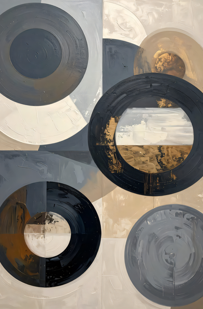 Modern Abstract Circular Geometry Canvas Print - Neutral and Gold Wall Art