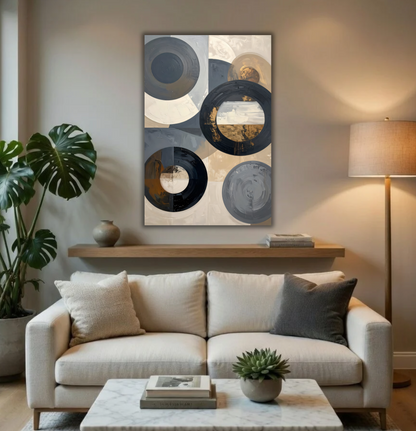 Modern Abstract Circular Geometry Canvas Print - Neutral and Gold Wall Art