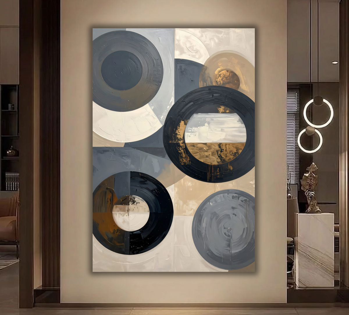 Modern Abstract Circular Geometry Canvas Print - Neutral and Gold Wall Art