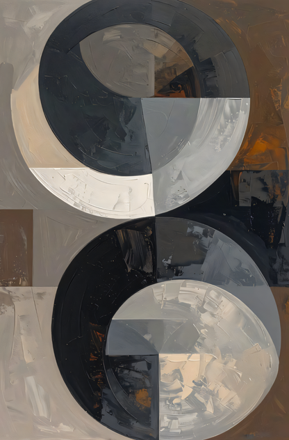 Modern Abstract Dual Circle Canvas Print - Neutral Black and Grey Wall Art