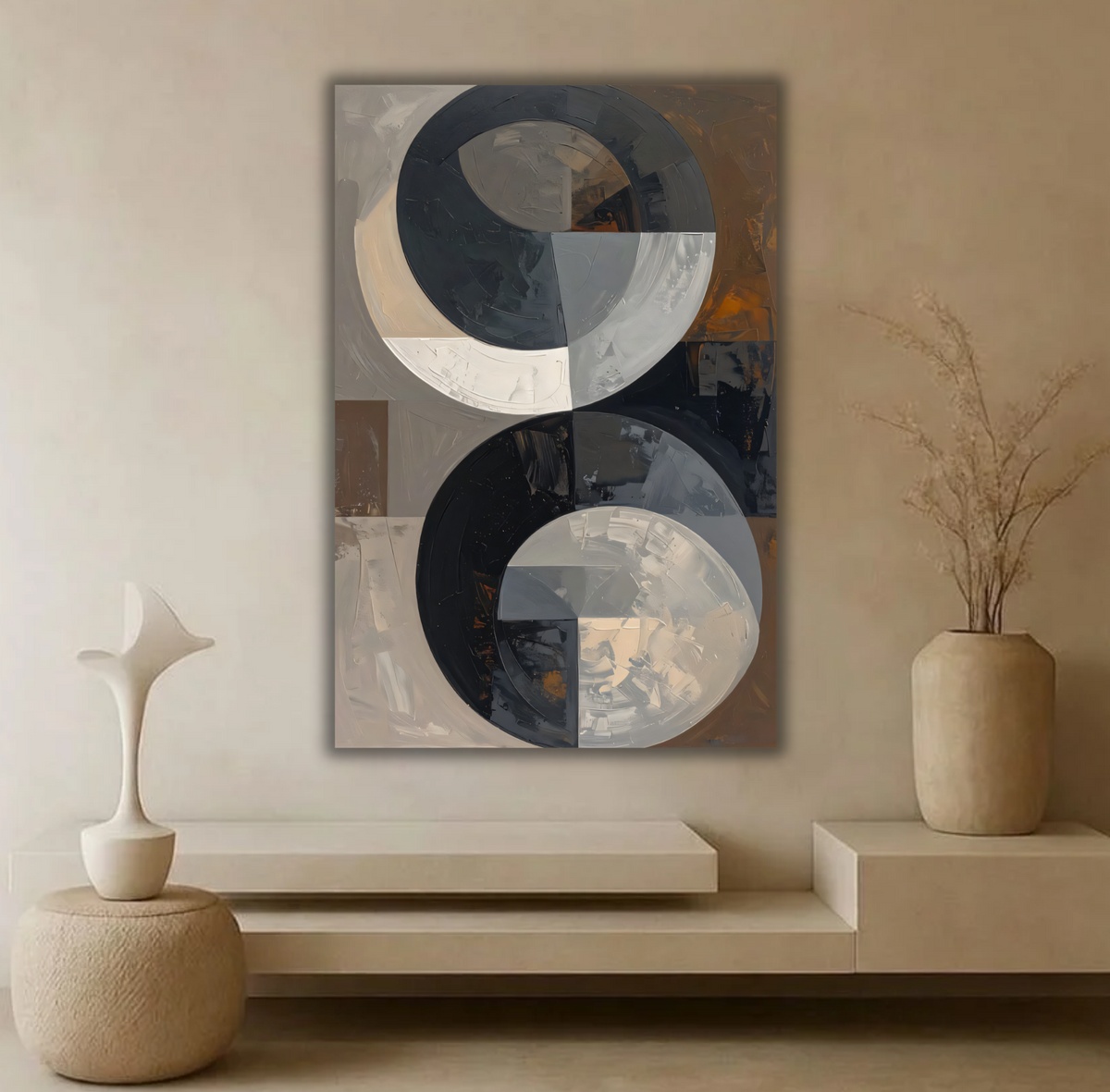 Modern Abstract Dual Circle Canvas Print - Neutral Black and Grey Wall Art