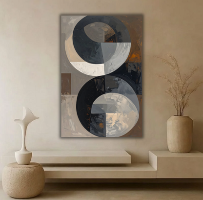 Modern Abstract Dual Circle Canvas Print - Neutral Black and Grey Wall Art