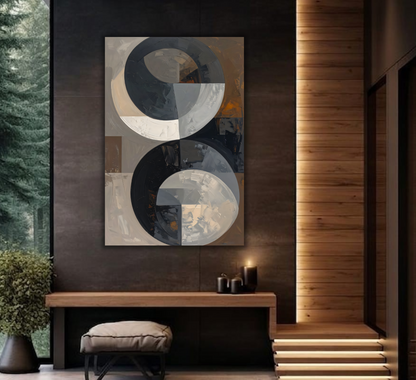 Modern Abstract Dual Circle Canvas Print - Neutral Black and Grey Wall Art