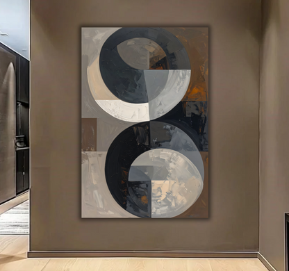 Modern Abstract Dual Circle Canvas Print - Neutral Black and Grey Wall Art