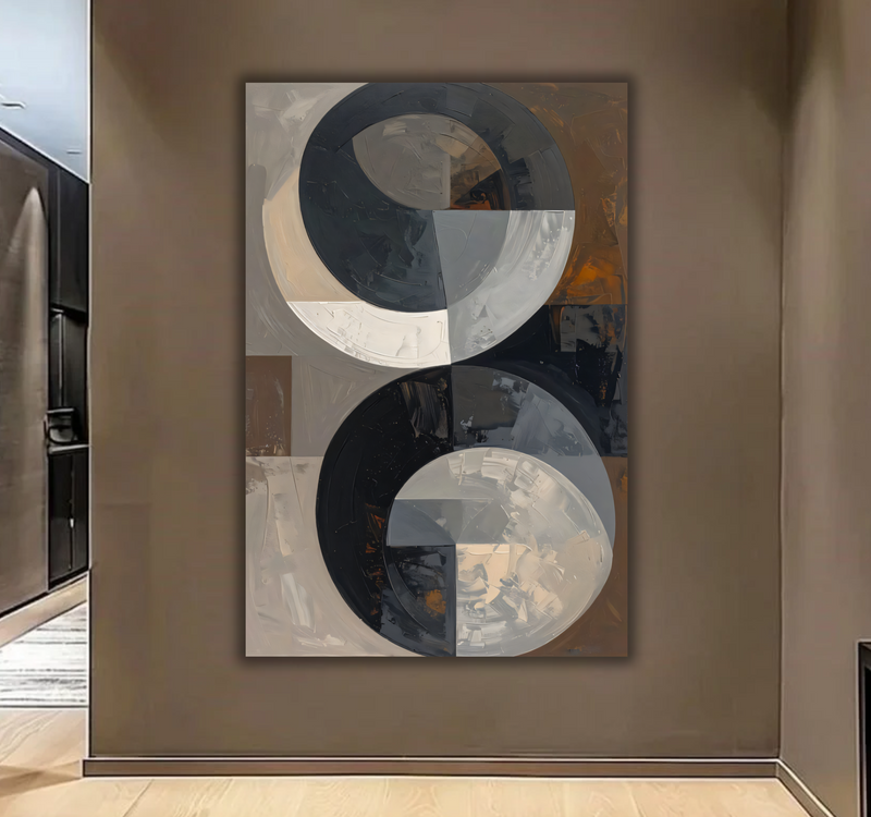 Modern Abstract Dual Circle Canvas Print - Neutral Black and Grey Wall Art
