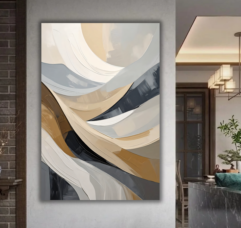 Modern Abstract Flowing Waves Canvas Print - Neutral and Gold Wall Art