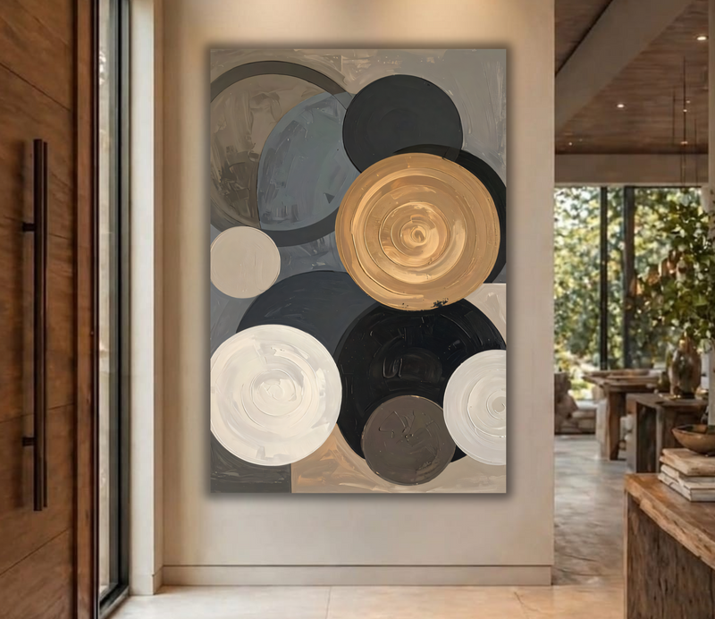 Modern Abstract Concentric Circles Canvas Print - Gold, Black and Grey Wall Art