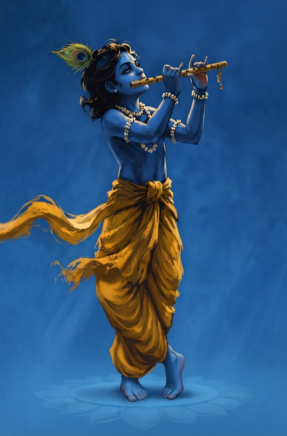 Lord Krishna Playing Flute Canvas Print - Divine Blue Deity Wall Art