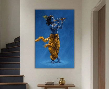Lord Krishna Playing Flute Canvas Print - Divine Blue Deity Wall Art