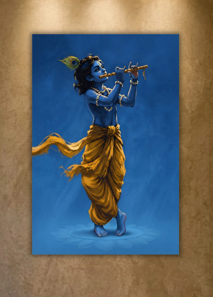 Lord Krishna Playing Flute Canvas Print - Divine Blue Deity Wall Art