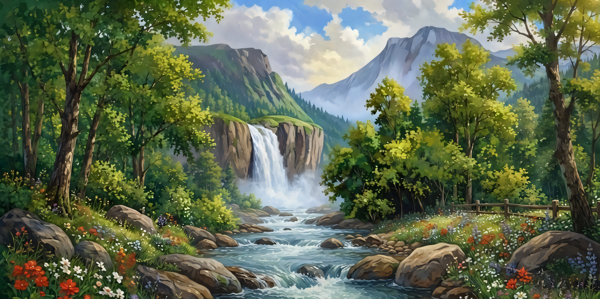 Alpine Waterfall and Mountain River Canvas Print - Lush Forest Landscape Wall Art