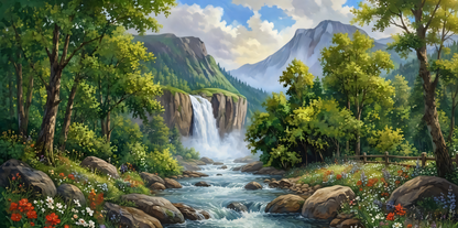 Alpine Waterfall and Mountain River Canvas Print - Lush Forest Landscape Wall Art