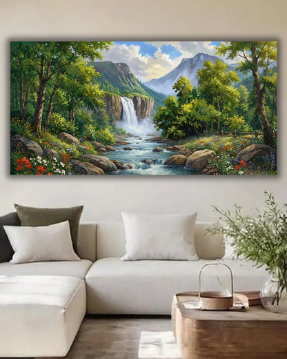 Alpine Waterfall and Mountain River Canvas Print - Lush Forest Landscape Wall Art