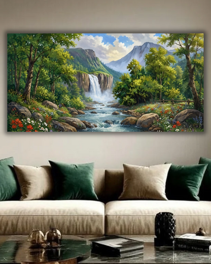 Alpine Waterfall and Mountain River Canvas Print - Lush Forest Landscape Wall Art