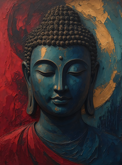 Meditating Buddha Portrait Canvas Print - Blue and Red Impasto Spiritual Wall Art