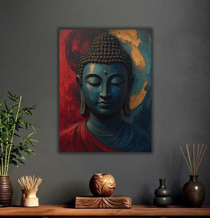 Meditating Buddha Portrait Canvas Print - Blue and Red Impasto Spiritual Wall Art