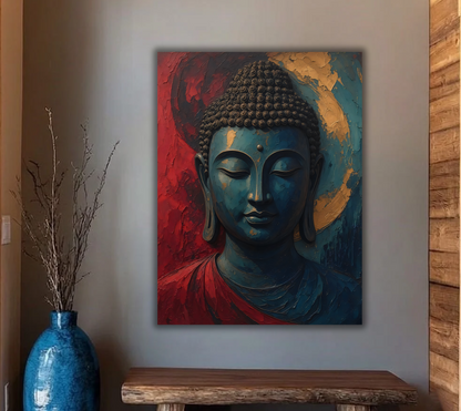 Meditating Buddha Portrait Canvas Print - Blue and Red Impasto Spiritual Wall Art