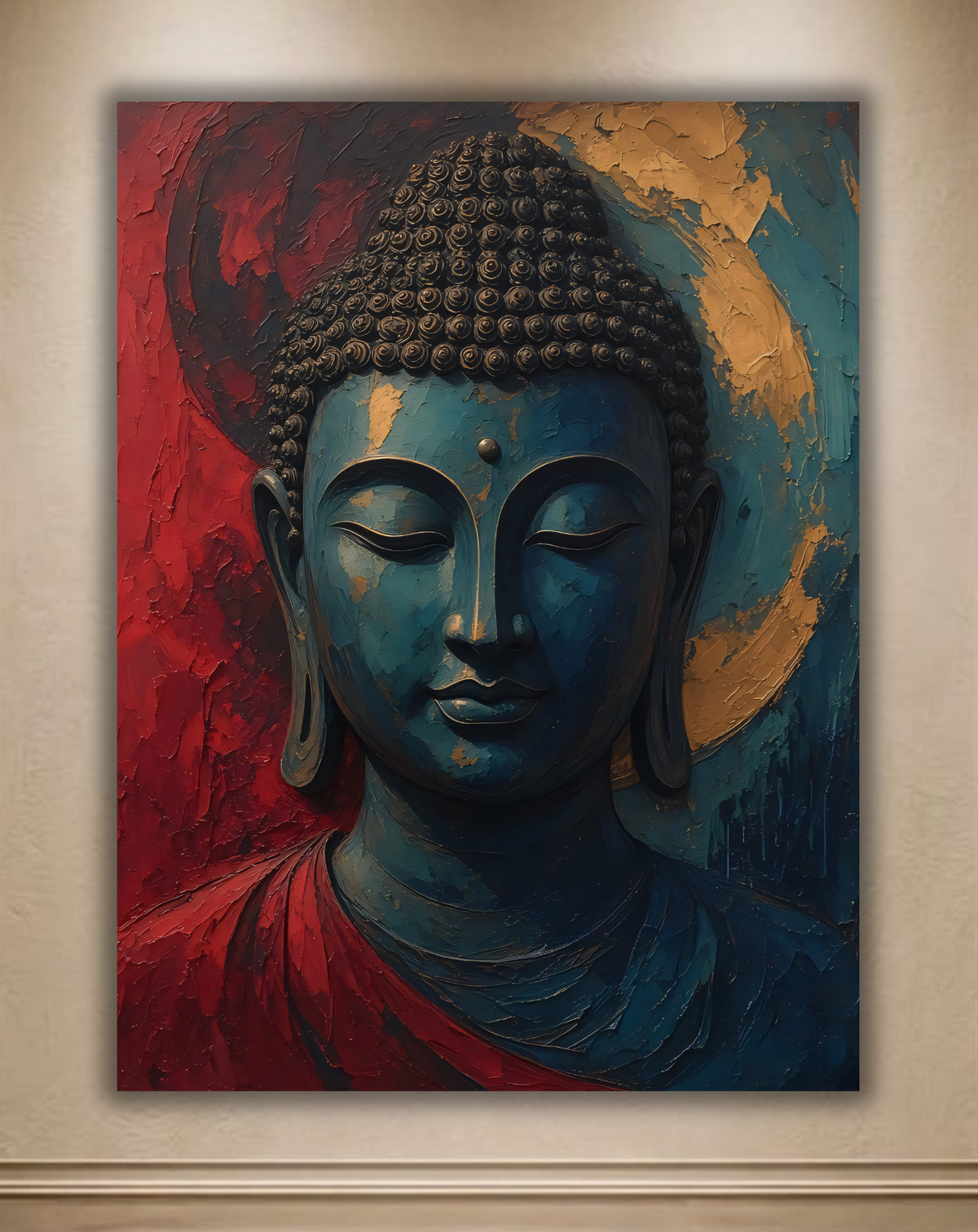 Meditating Buddha Portrait Canvas Print - Blue and Red Impasto Spiritual Wall Art